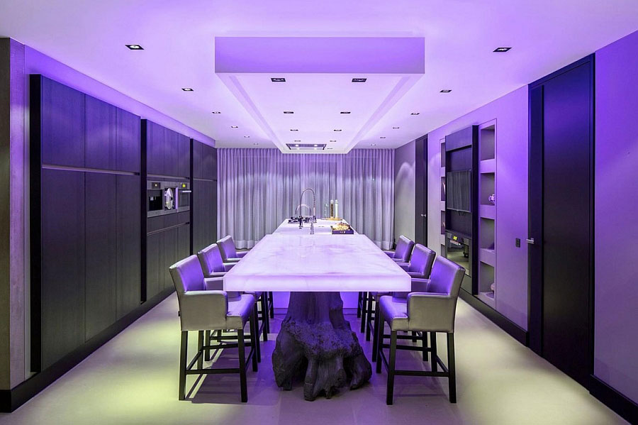 Illuminated Kitchen Room Brilliantly Illuminated Kitchen And Dining Room Equipped With White Table Design Idea Plan Unit With Black Ceiling Unit Decoration  Chic Villa Design With Unbelievable Interior Design 