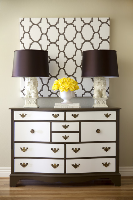 And White Unique Brown And White Dressered With Unique Knobs To Match Brown Patterned Wall Art On The Wall Decoration  Stylish Dresser Design To Decorate Room Design 