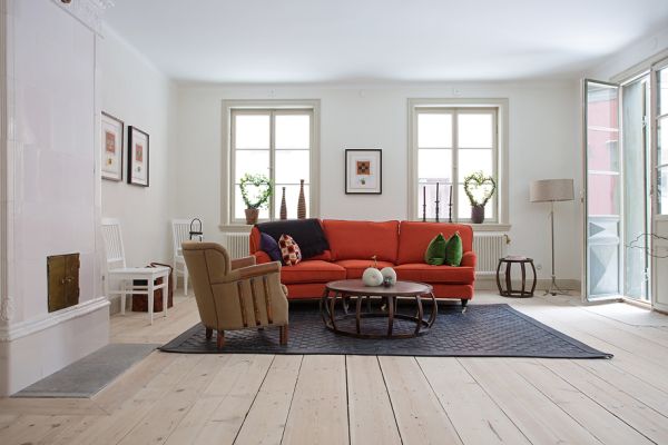 Living Space Industrial Captivating Living Space Design Of Industrial Touch Apartment Sweden With Light Orange Colored Sofa And Dark Floor Carpet Decoration  Industrial Decor Ideas Completed With Colorful Tones 