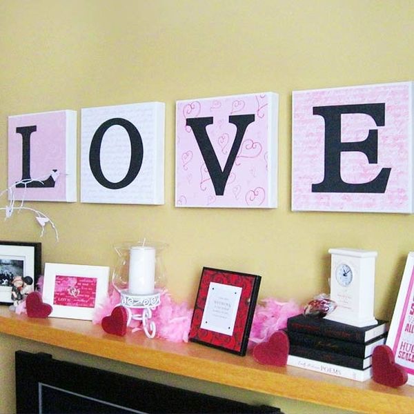 White Colored On Charming White Colored Candle Holder On Wood Floating Shelves With Picture Frames Coupled With Love Text On Wall Decoration  Valentine Day Mantel Decoration In Stylish Red Color Designs 