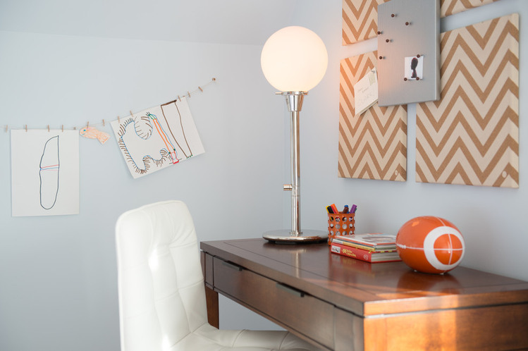 White Leather Wooden Charming White Leather Chair And Wooden Desk Design In Eclectic Residence Refined Office Nook With Chevron Wall Art Interior Design Eclectic House Interior With Fancy Colors And Furnishing