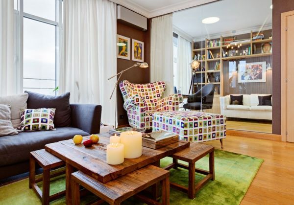 Wooden Coffee On Charming Wooden Coffee Table Design On Green Carpet At Apartment With Terrace In Kiev Living Room With Grey Sofa Decoration  Vibrant Color Combinations To Add Beauty To Your Home Decor 