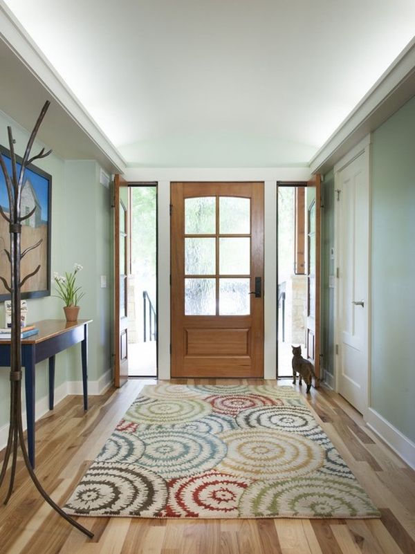 Rug Placed Floor Colorful Rug Placed On Hardwood Floor In Hallway With Wooden Desk And Grey Wall Under White Ceiling Decoration  Entryway Rug Designs Applied In Some Spots 