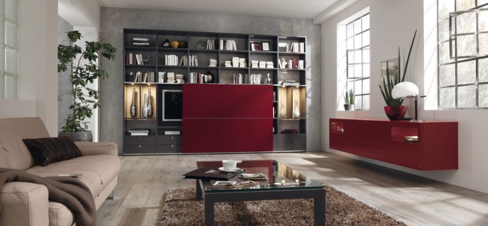 Modern Media Unpredictable Complete Modern Media Room With Unpredictable Dramatic Touches Of Red Floating Cabinet And Sliding Cabinet Door Living Room  Living Room Furnished With Ultramodern Wardrobes 
