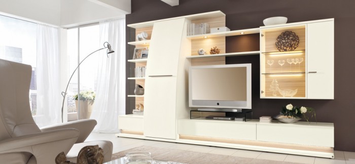 Cabinet And White Contemporary Cabinet And Shelving In White With TV And Lighting To Equip Modern Living Room Interior Design Living Room  Living Room Furnished With Ultramodern Wardrobes 