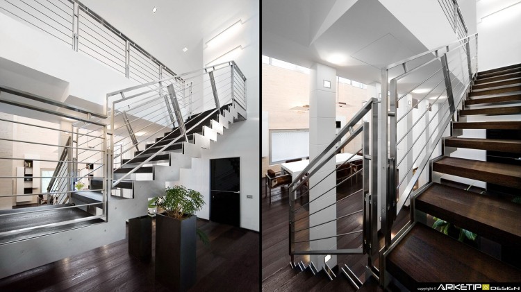 Design Of Loft Contemporary Design Of Staircase Inside Loft C Milano With Darkwood Floor And Steps Also Metal Wire Balustrade Ideas Decoration  Loft Decorating Ideas Applied With Inviting Color Effects 