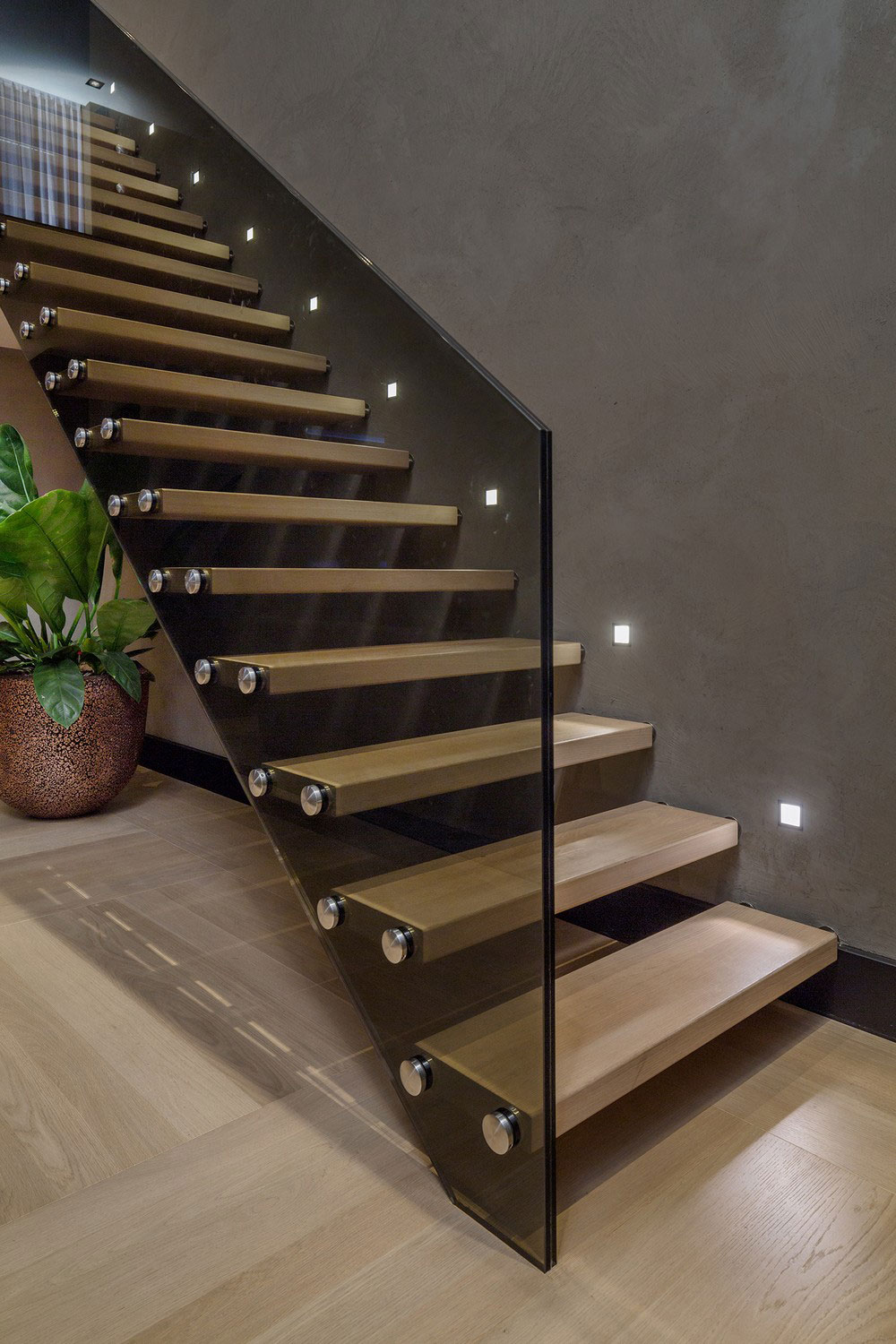 Floating Wooden With Contemporary Floating Wooden Sttaircase Idea With Stainless Steel Nails And Dark Glass Stair Handle To Reflect Modern Rotterdam Residence House Designs  Contemporary Villa Interior With Sophisticated Chic Design 