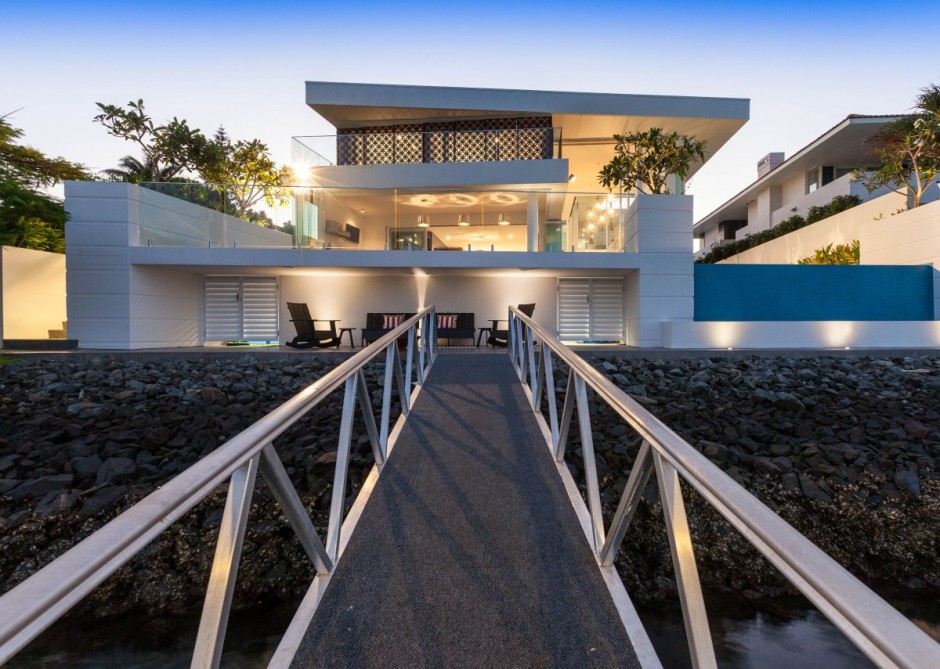 House View Buillding Contemporary House View Applying Modern Buillding Style With Some Architectural Bridge Accross A River With Rocky River Edge Exterior  Duplex Resort With Minimalist Design For Exterior 