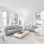 Living Room Grey Cozy Living Room Design With Grey Sofa And White Coffee Table In Flatiron Apartment Loft Applied White Oak Floor Decoration  Minimalist White Loft Designs With Classic Look To Express Your Self 