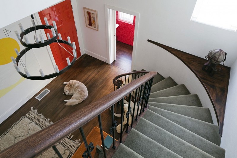 Edge Honiton In Cutting Edge Honiton Residence Stairways In Concrete Steps Wooden And Iron Banister Over Hardwood Floor White Wall And Red Door Residence Luxurious Contemporary Home In Australia With A Stylish Design