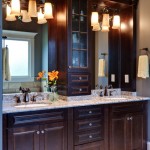 Brown Storage Glass Dark Brown Storage Cabineted With Glass Door Frameless Mirrors And Bright Dim Sconces Bathroom  Pretty Storage Cabinet For Keeping Bathroom Stuffs 