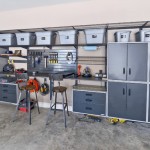 Grey Garage Installed Dark Grey Garage Storage Cabinets Installed In One Side Concept With Workdesk And Stools Furniture  Stylish Garage Storage Cabinets From Adorable Garage 