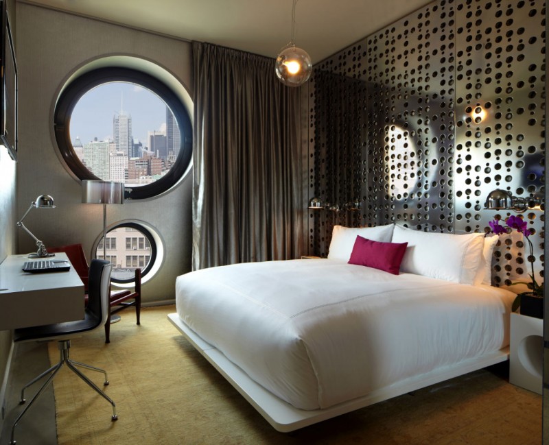 Dream Downtown Style Deluxe Dream Downtown Hotel Bedroom Style Using White Bed And Couch Purple And White Pillows In Silver Wall Glass Round Glass Architecture  Amazing Hotel Building With Metal Panels 