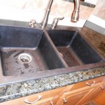 Metal Sink On Dirty Metal Sink And Faucet On Granite Verde Peacock Countertop At Traditional Kitchen With Light Wood Cabinet Ideas  Kitchen Countertop Installation With Granite Material 