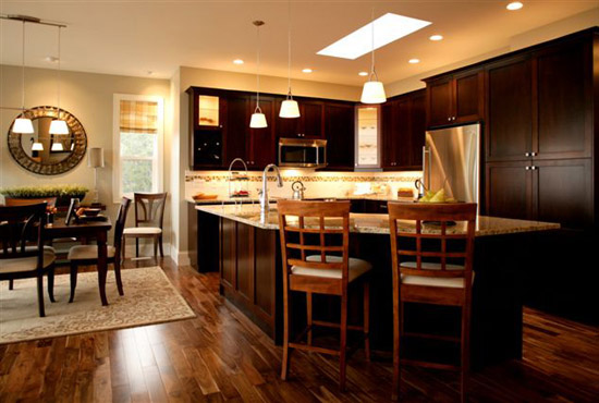 Kitchen Cabinets Three Eclectic Kitchen Cabinets Pictures With Three Pendant Lamps Finished With Marble Countertop And Dark Brown Cabinet And Cupboard Furniture  Modern Look Kitchen Cabinets Pictures For Maximum Effect 