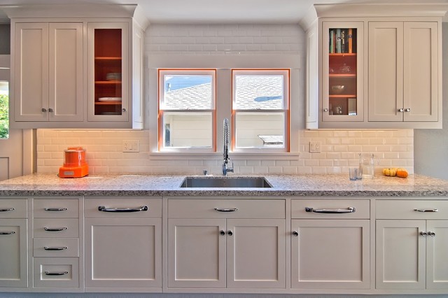 Kitchen With Backsplash Eclectic Kitchen With White Tile Backsplash And The White Kitchen Cabinets Kitchen  Colorful Painted Kitchen Cabinets Of Eclectic Kitchen 