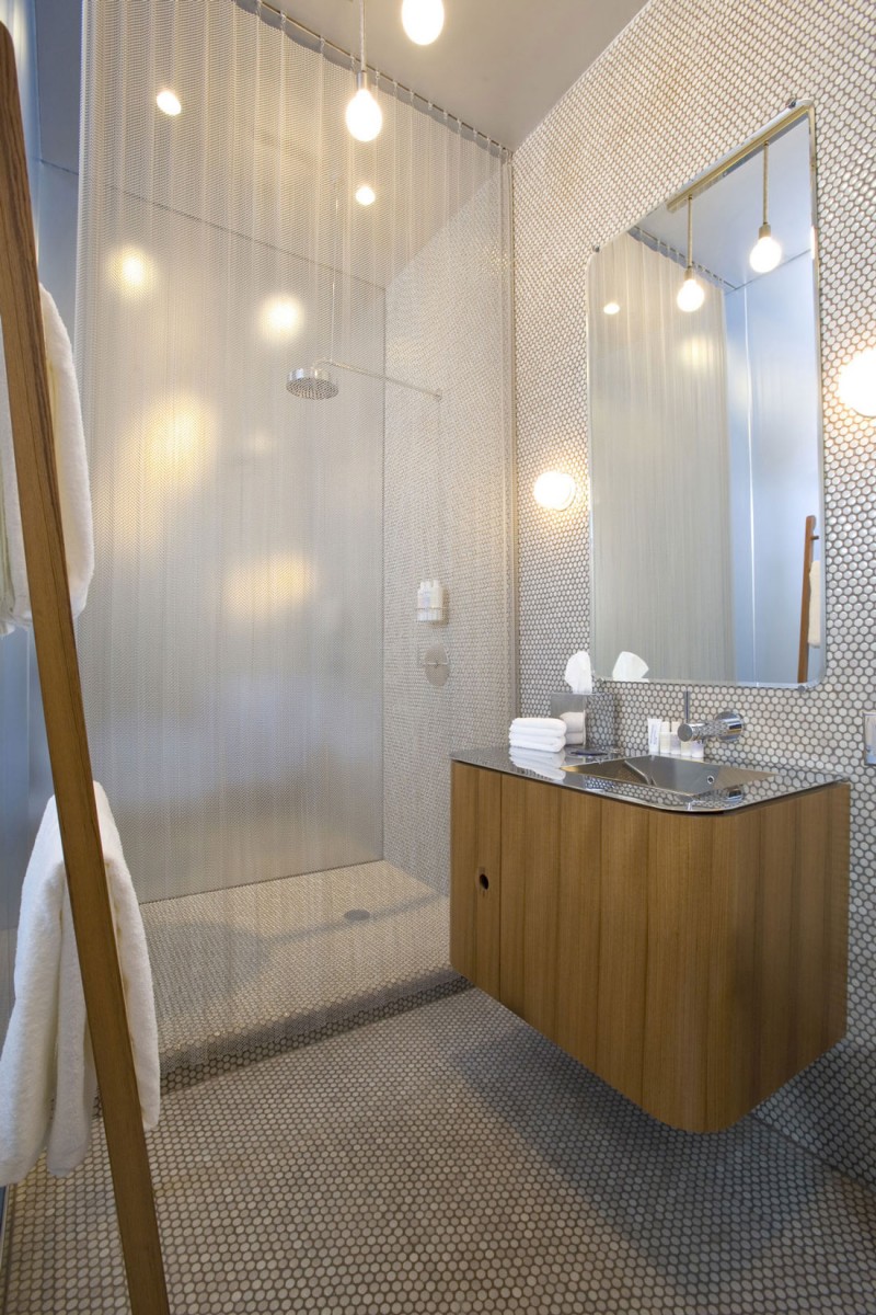 Dream Downtown In Elegant Dream Downtown Hotel Decoration In Wooden Vanity And Stainless Steel Sink And Fauce With Big Mirror And Nice Bulb Chandelier Architecture  Amazing Hotel Building With Metal Panels 