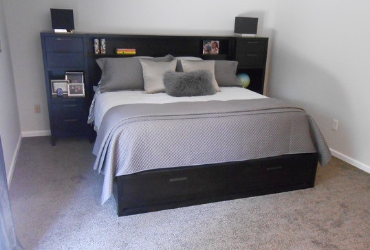 Grey Bedroom Black Elegant Grey Bedroom Furnished With Black Finished Bed With Storage Under Featured With Wall To Wall Carpet And Decorated With White Trims Decoration  Relaxing Minimalist Kids Room For Perfect House 