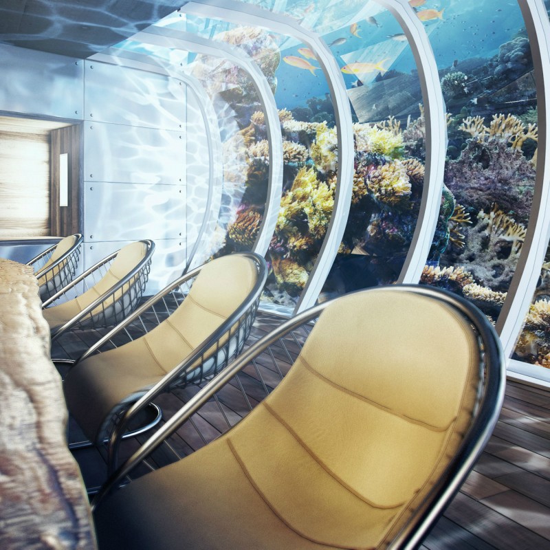 Water Discus Four Elegant Water Discus Lounge With Four Brown Sofas And Stainless Steel Couch In Round Glass Aquarium Behind   Stunning Undersea Hotel Project In Unbelievable Design 