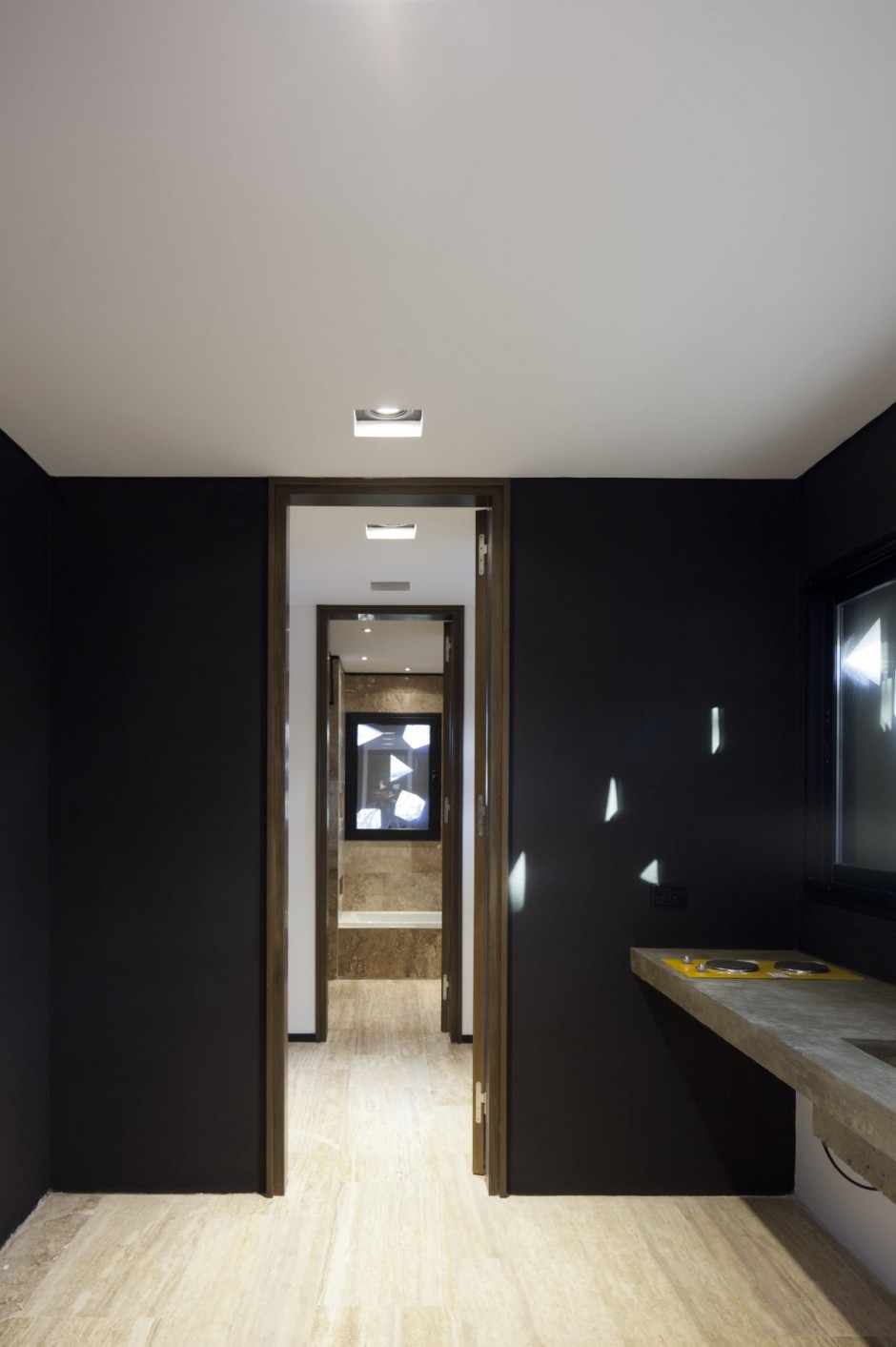 Restroom Design Blltt Enchanting Restroom Design Of Project BLLTT House With Soft Brown Wooden Floor And Black Colored Wall Decoration  Authentic Wall Decoration Of Minimalist Rectangular Mansion 