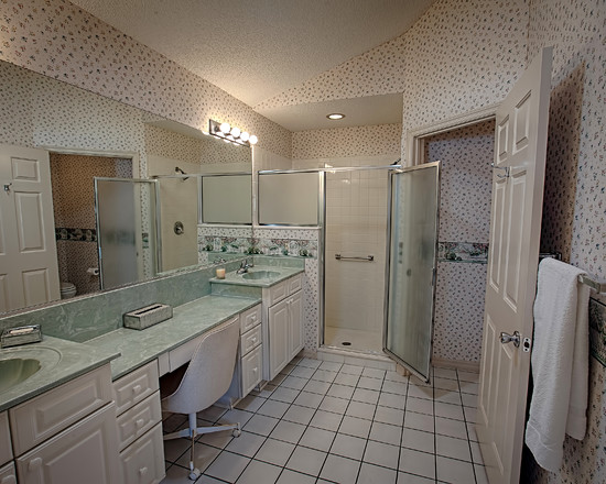Bathroom Of Featured Excellent Bathroom Of Puerto Bello Featured With Wallpapered Wall And Tiled Floor And Furnished With Custom Vanity With Double Sinks Pool  Indoor Swimming Pool With Chic Room Designs 