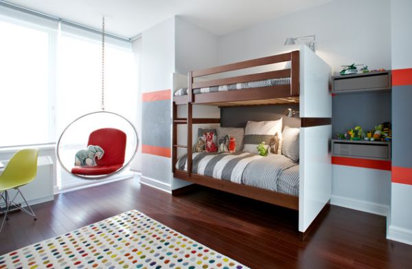 Bunk Beds Hanging Exciting Bunk Beds And Red Hanging Chair In Kids Bedroom With Darkwood Floor And Colorful Polka Dot Carpet Decoration  Indoor Hanging Chair For Relaxation Time And Room Decoration 