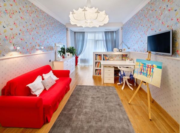 Kids Room Sofa Exquisite Kids Room With Red Sofa And White Pillows In Apartment With Terrace In Kiev Applied Grey Carpet Area Decoration  Vibrant Color Combinations To Add Beauty To Your Home Decor 