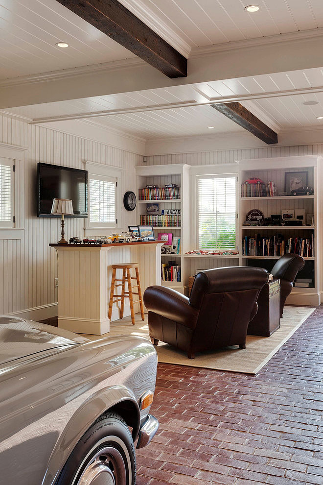 Car Barn Architect Extraordinary Car Barn Patrick Ahearn Architect With Brick Floor And Vertical Striped Wall In Family Room With Ultimate TV And Cozy Sofa Decoration  White Wood Wall Creating Classic Building Construction 