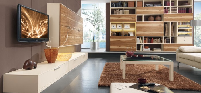 Catching Wooden Contemporary Eye Catching Wooden Bookcase For Contemporary Living Room Combined With Grey Sectional Sofa And White Floating Cabinet Living Room  Living Room Furnished With Ultramodern Wardrobes 