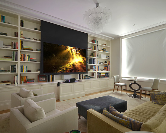 Modern Media Fabric Fancy Modern Media Room With Fabric Sofa And Large Screen Monitor With Built In Bookshelf Design In NYC Duplex Control Furniture  Furniture Design Plans To Create Cozy Rooms Sensation 