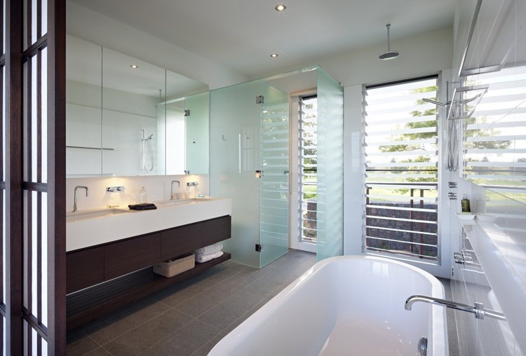 Wood Vanity Bath Fancy Wood Vanity And White Bath Tub In Maleny House Bark Design Bedroom With Frosted Glass Shower Screen Interior Design  Beautiful Interior Design From A Fascinating Residence 