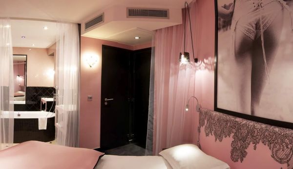 Pink Headboard Vice Fantastic Pink Headboard Completing The Vice Versa Hotel Paris Bedroom With Pink Wall And Open Bathroom Area House Designs  Hotel Interior Design Some Modern Hotel In Paris 