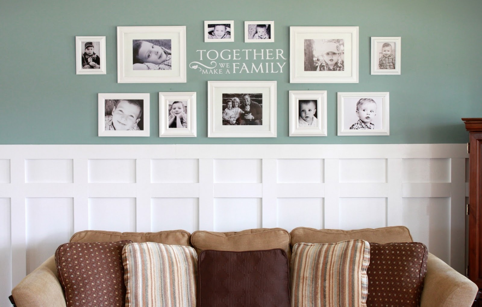 Photo Wall Mixed Framed Photo Wall Decorating Ideas Mixed With Letter Pattern Over Marshmallow Molding Wainscoting Lovely And Inspiring Wall Decorating Ideas For Your Room