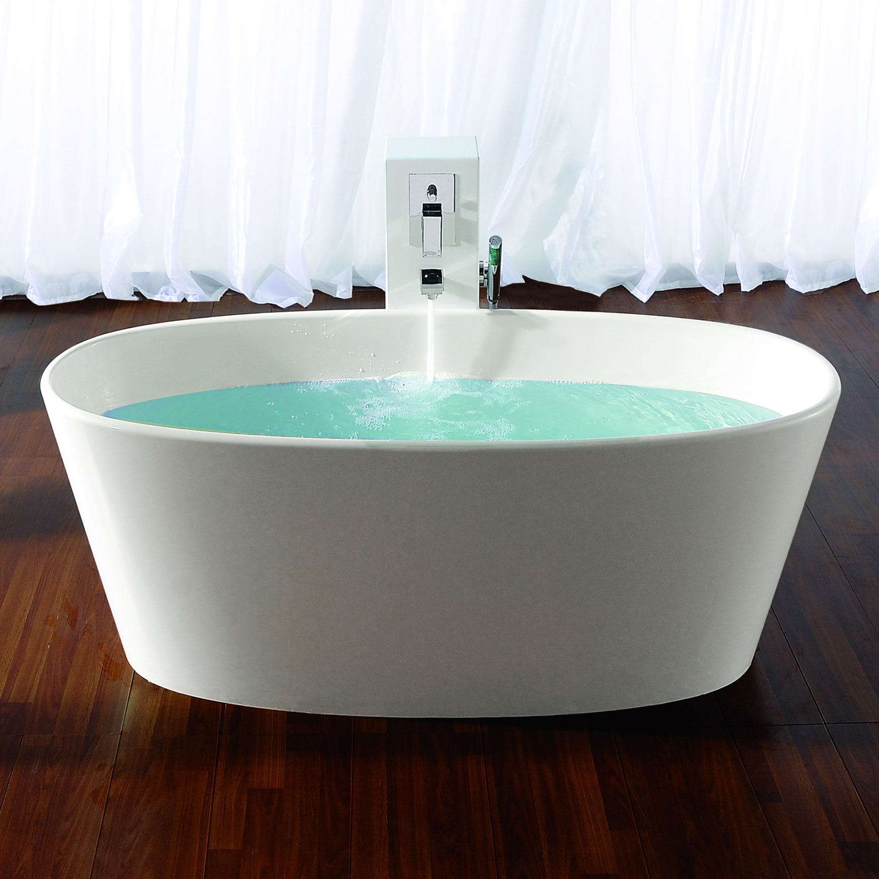 Standing Bath Modern Free Standing Bath Tubs With Modern Design In White Color Completed With White Shower Curtain And Wooden Flooring Design Ideas Bathroom Free Standing Bath Tubs With Gorgeous Design And Style
