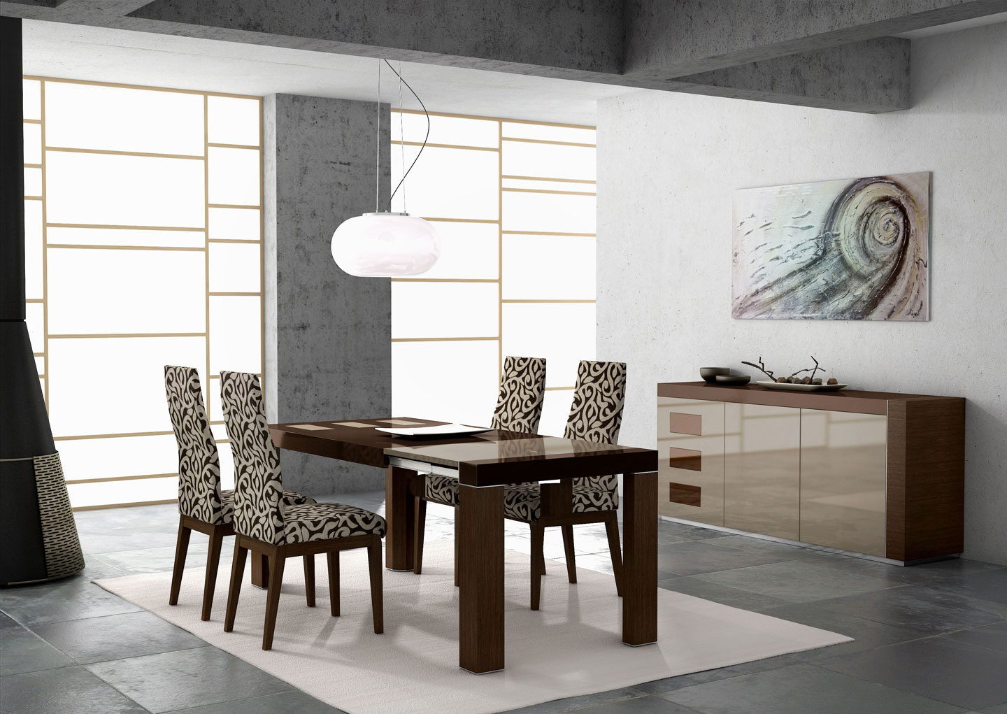 Wall Art Pendant Funky Wall Art Also Circular Pendant Light Feat Upholstered Chairs Design In Modern Dining Room Plus White Area Rug Dining Room Modern Dining Room In Stylish And Artistic Design