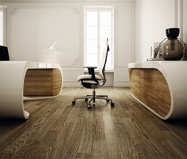 That Wooden Perfect Fururistics That Wooden Floor Add Perfect In The Interior Office Office Desk Cabinets With Goggle Style Design