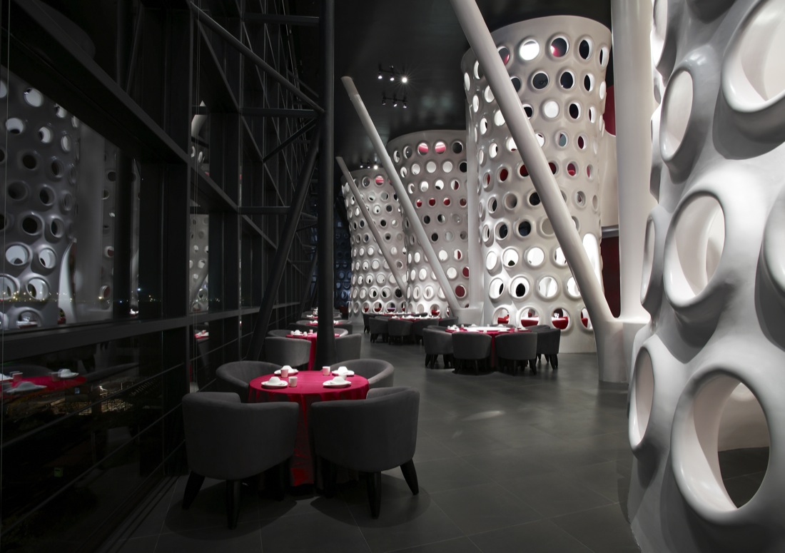 Perforated Wall Modern Futuristic Perforated Wall Design With Modern Grey And Red Restaurant Furniture Sets Furniture Modern Restaurant Furniture For Any Room Of The House