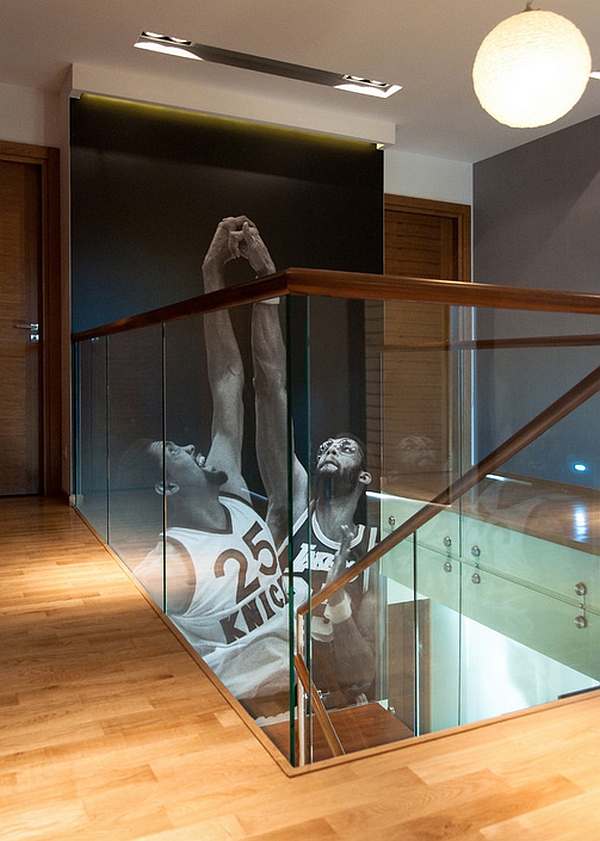 Image Of And Giant Image Of Bill Cartwright And Kareem Abdul Jabbar Next To The Contemporay Staircase Equipped With Small Pendant Lamps Idea Decoration  Sport Wall Mural Theme In Various Ideas 