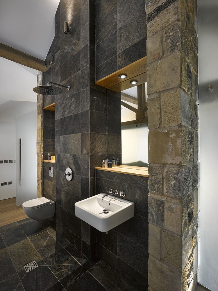 Bathroom Design Granite Gorgeous Bathroom Design Interior Applied Granite Tile Floor And White Porcelain Sink In Cat Hill Barn Snook Architects Interior Design  Amazing Barn To House Remodelling Project With Modern Design 