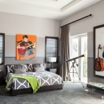Bedroom Interior Desk Gorgeous Bedroom Interior Including Twin Desk Lamps On Side Bed Table Also Two Guitars And Framed Picture On Wall And Star Telescope On Floor Decoration  Exclusive Modern Glamour House With The Application Of Bold Colours 