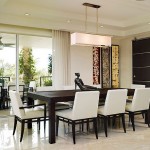 Dining Room White Gorgeous Dining Room Lighting Modern White Chairs Brown Table Made From Wooden Material Combined With Artistic Ornament Table Top Decoration  Modern Office Cubicle Decoration 