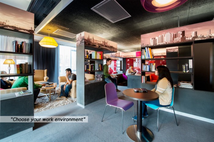 Google Office With Gorgeous Google Office Cabin Furnished With Open Bookcase For Divider Separating Some Sitting Areas With Stylish Seating And Table Office  Updated Office In Uplifting Design 