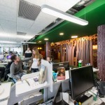 Google Office With Great Google Office Interior Design With Exposed Natural Tones With Artificial Forest Showcased By Accent Ceiling Lamps Added Above Office  Updated Office In Uplifting Design 