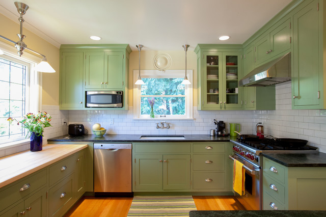 Kitchen Cabinets Craftsman Green Kitchen Cabinets In The Craftsman Kitchen With White Tile Backsplash And Hardwood Floor Kitchen  Colorful Painted Kitchen Cabinets Of Eclectic Kitchen 