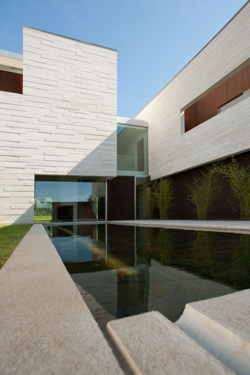 Colored Concrete Dark Grey Colored Concrete Frame Of Dark Green Water Of Pond Architecture  Exposed Concrete Wall House Decorated By Green Garden And Small Pound 