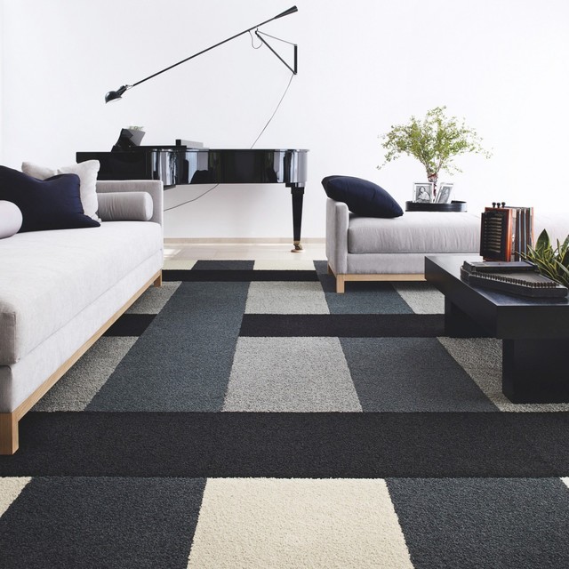 And Black In Grey And Black Carpet Tiles In Living Room With Long Grey Sofa And Dark Coffee Table Interior Design  Carpet Tiles With Bright Color For Interior House 