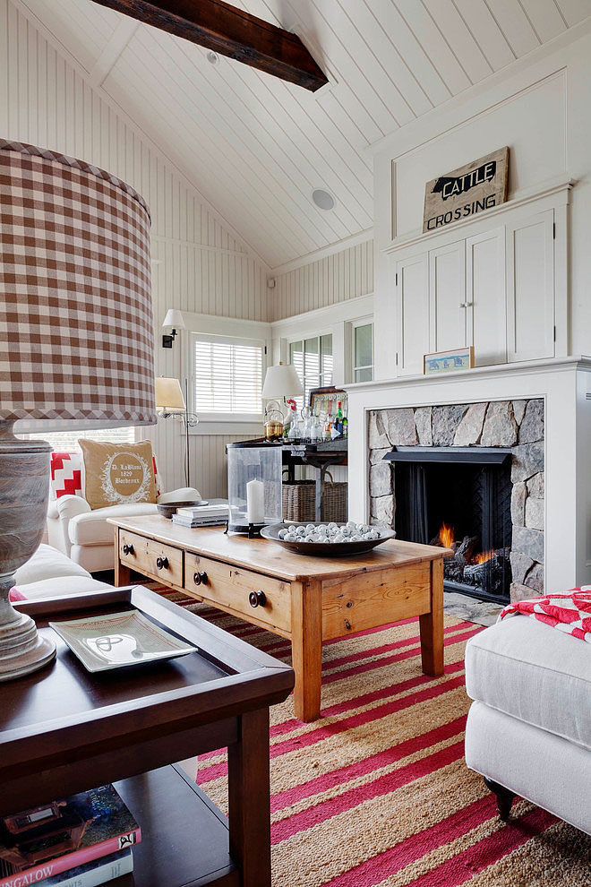 Car Barn Architect Homey Car Barn Patrick Ahearn Architect Furnished With Warm Stone Fireplace And Classic Sofa Set Enlightened By Plaid Table Lamp Decoration  White Wood Wall Creating Classic Building Construction 