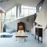 Wooden Table Dining House Wooden Table And White Dining Chairs On The White Marble Floor Decoration  Modern House Design In A Sloping Snowy Area With An Opened Concept 