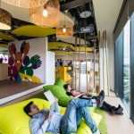 Yellow And For Huge Yellow And Green Cushions For Extra Sitting And Leaning Toward Transparent Glass Windows With Blind Presenting Outside View Office  Updated Office In Uplifting Design 