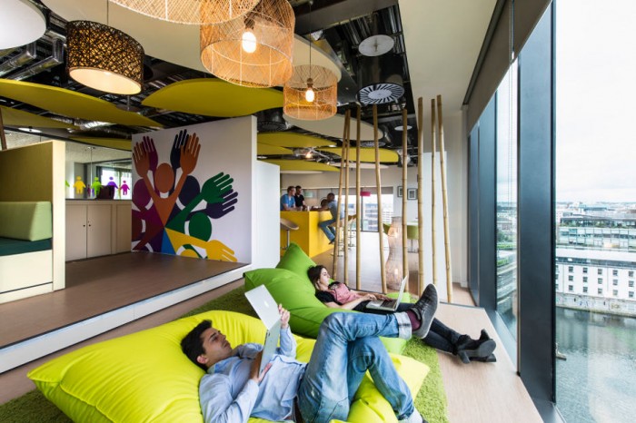 Yellow And For Huge Yellow And Green Cushions For Extra Sitting And Leaning Toward Transparent Glass Windows With Blind Presenting Outside View Office  Updated Office In Uplifting Design 